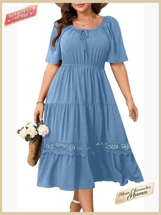 Dresses & Skirts - Plus Size Maxi Dress Short Sleeve Square Neck Flowy A-Line Lace Trim Flutter